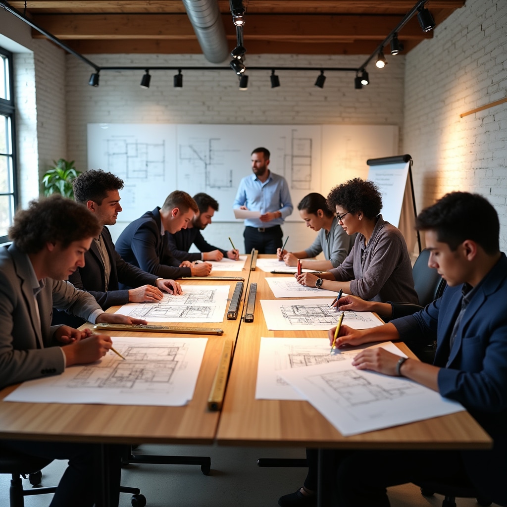 Workshop participants examining architectural plans together