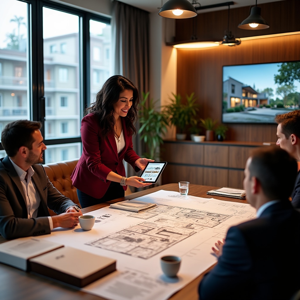 Professional consultation session reviewing construction blueprints