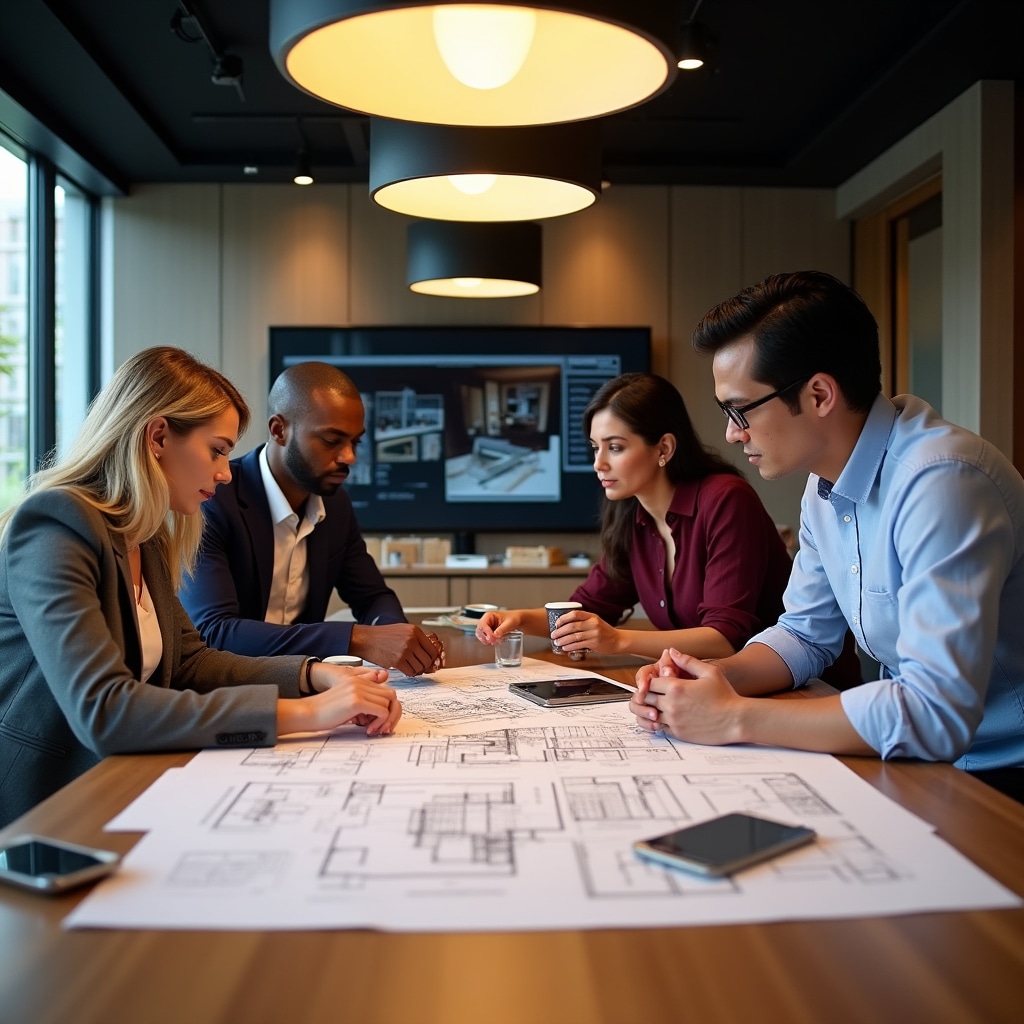 Team meeting discussing construction documentation