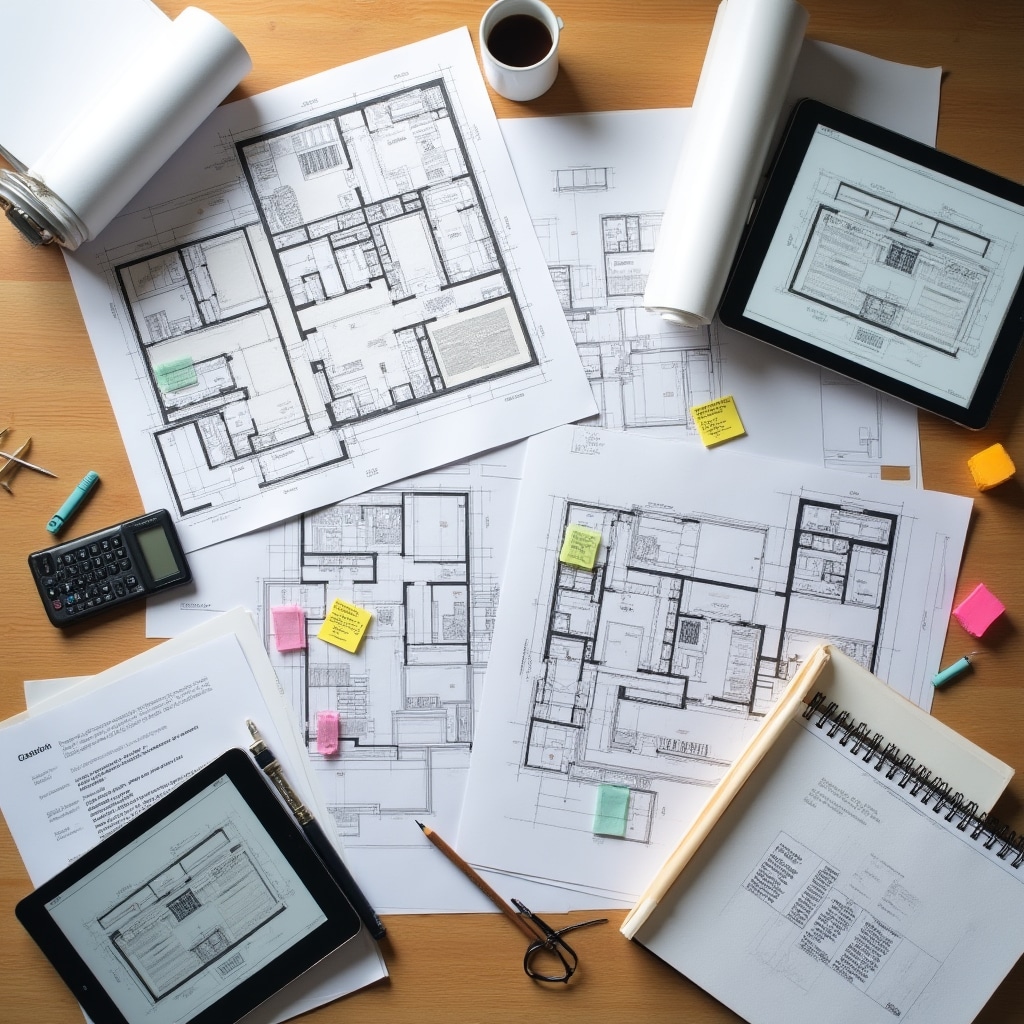 Comprehensive course materials including blueprints, reference guides, and digital tablets displaying technical documentation