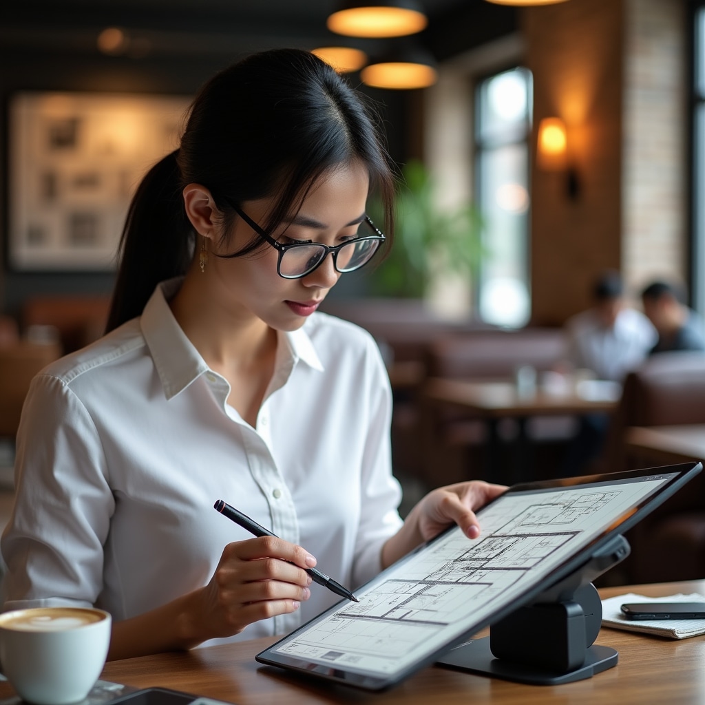 Professional reviewing architectural plans on digital tablet with stylus annotation