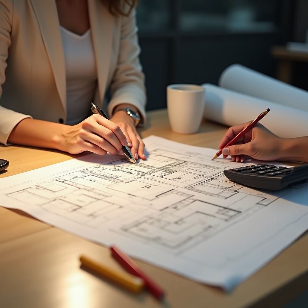 Close-up of hands measuring and marking architectural blueprints