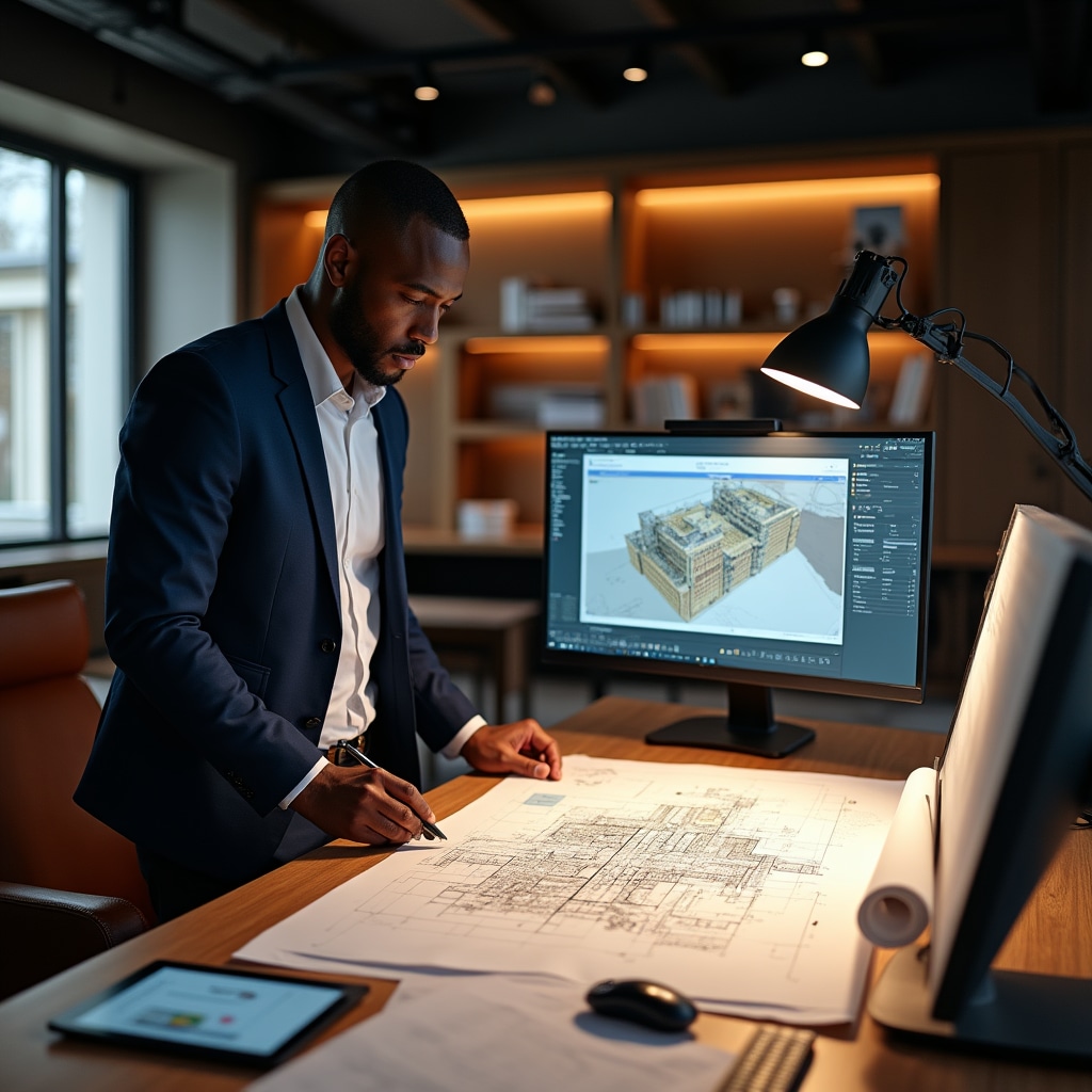 Modern construction office with digital and traditional documentation tools