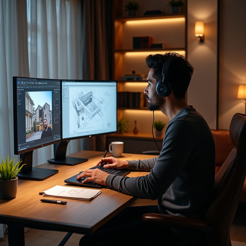 Professional home office setup for online learning with dual monitors displaying architectural plans