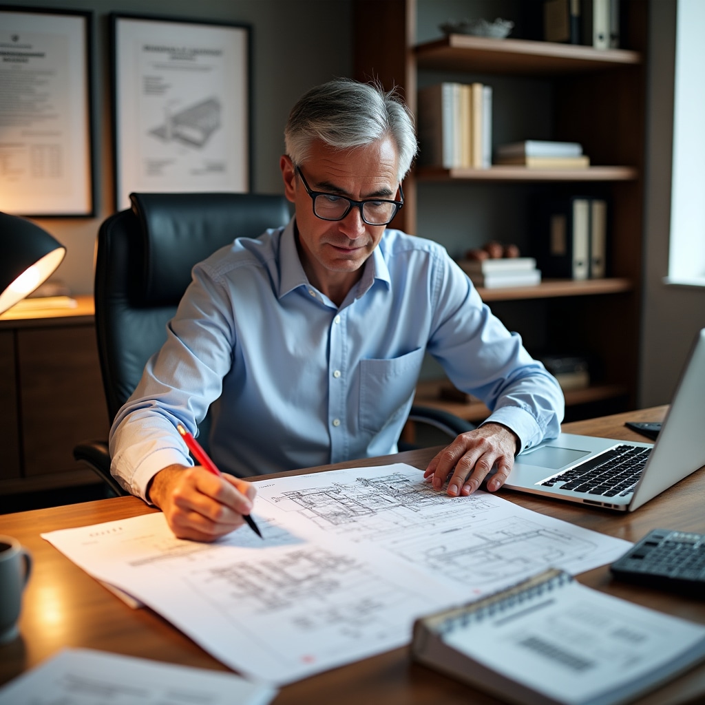Engineer reviewing structural calculation documents with building plans